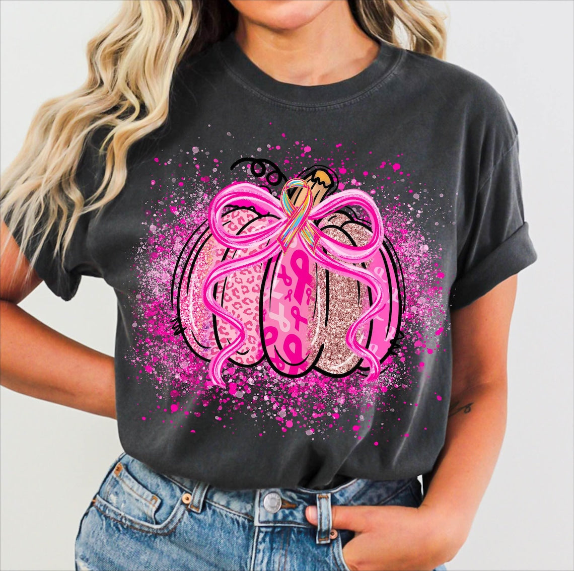 Pink Sparkle Pumpkin Breast Cancer Awareness Black t-shirt