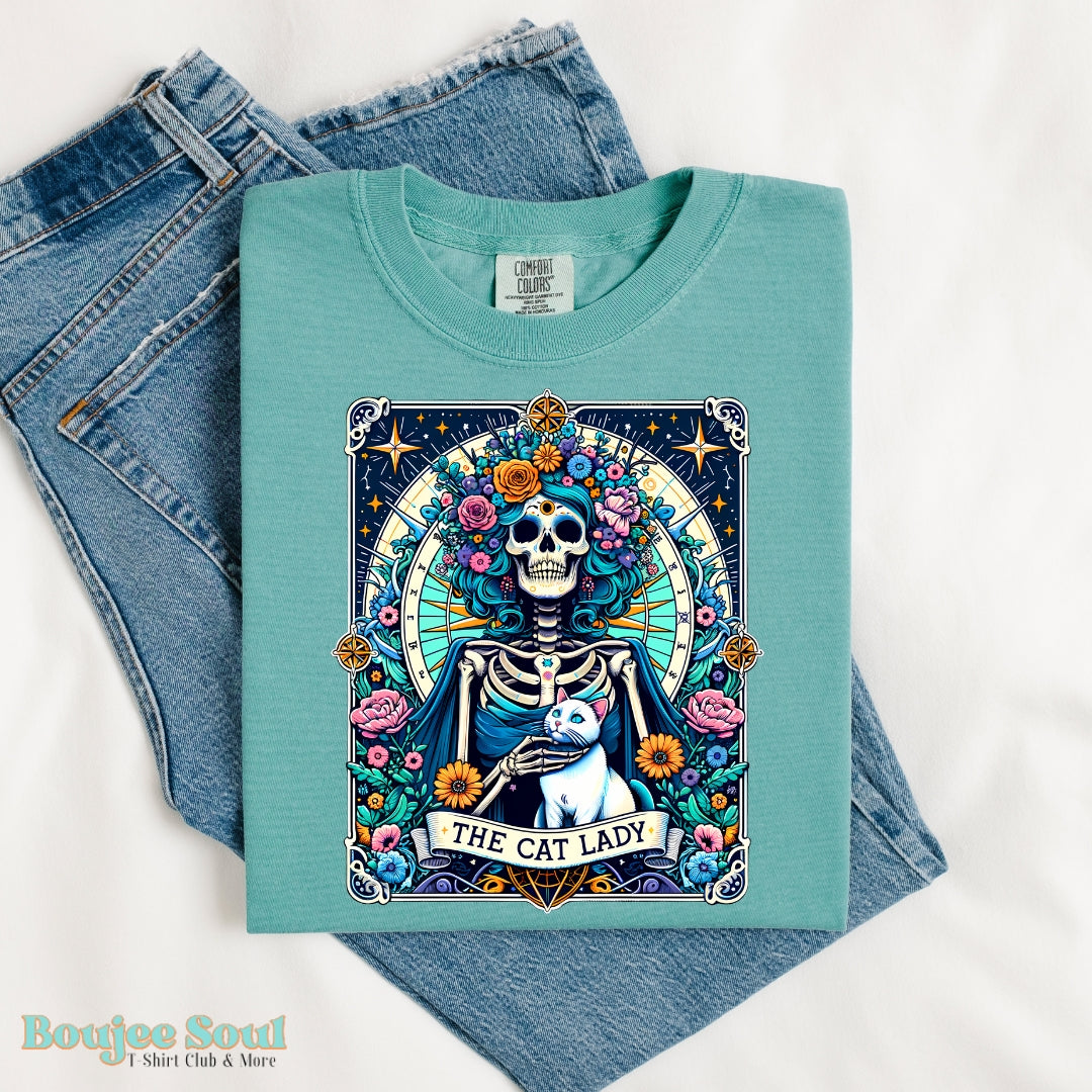The Cat Lady Tarot Card Graphic T-Shirt Comfort Colors Seafoam