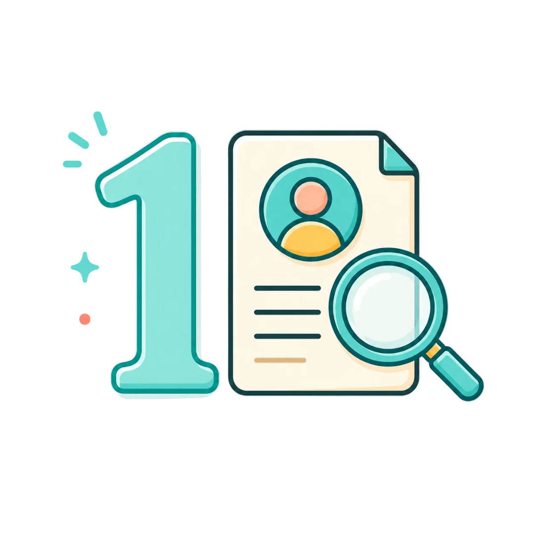 A flat vector illustration of a teal number 1 next to a document with a magnifying glass, on a white background with small decorative dots and sparkles.