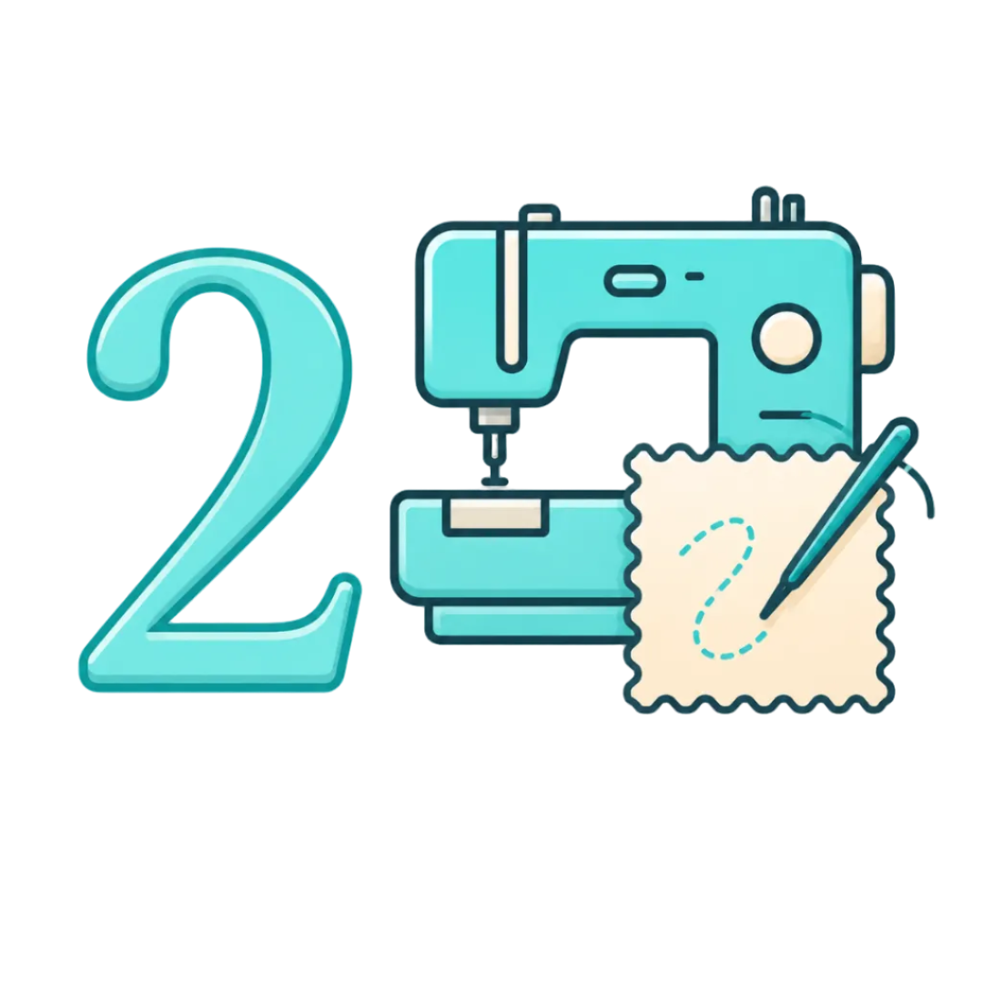 A stylized teal illustration showing a large number 2 next to a sewing machine and a fabric swatch with a pen, on a plain white background.