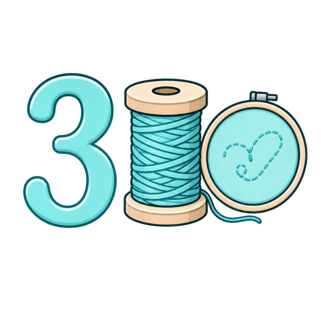 A stylized illustration of the number 30 made from a large turquoise number 3 and a spool of matching turquoise thread, with a round embroidery hoop showing a stitched heart design on a white background.