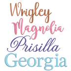 Four elegant script font names stacked vertically on a light cream background: Wrigley in copper-brown, Magnolia in pink, Prisilla in purple, and Georgia in light blue, each with a subtle drop shadow.