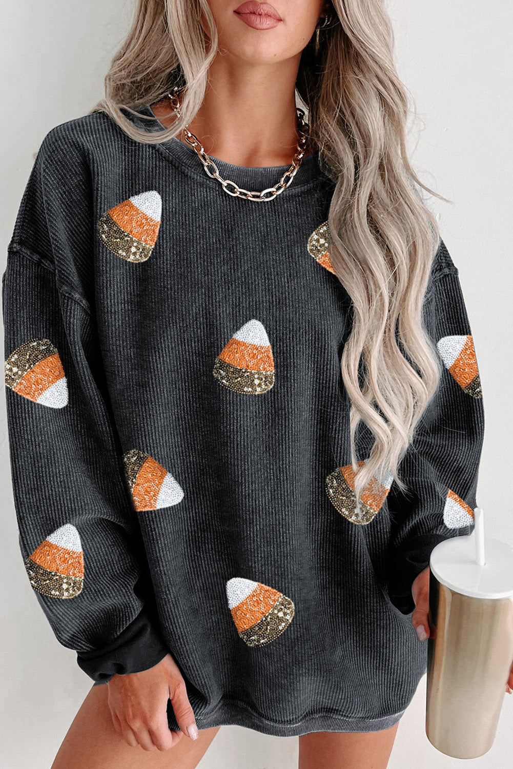 Corded sweathshirt with Sequin Candy Corn