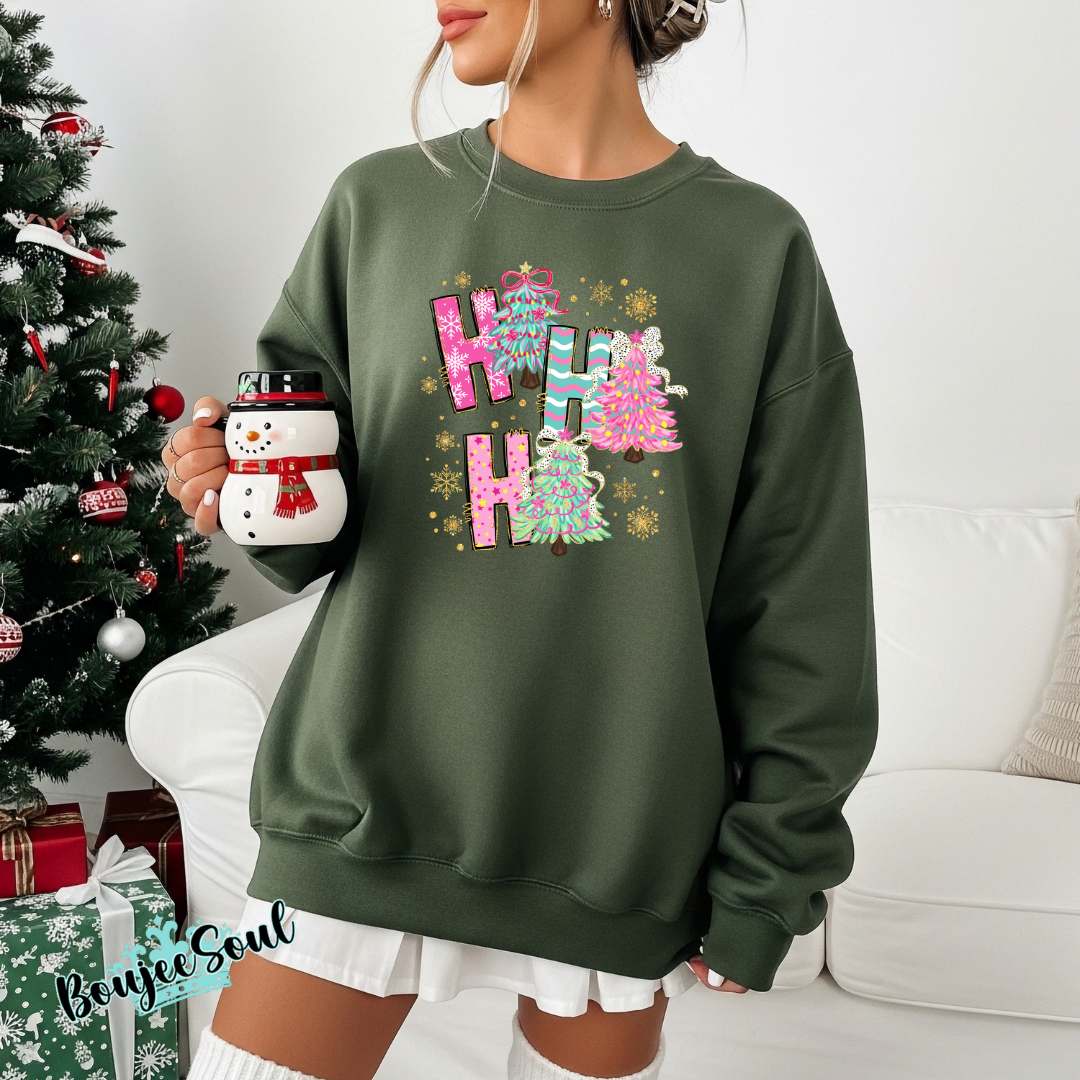 Colorful HO HO HO Christmas Sweatshirt with bright holiday trees.
