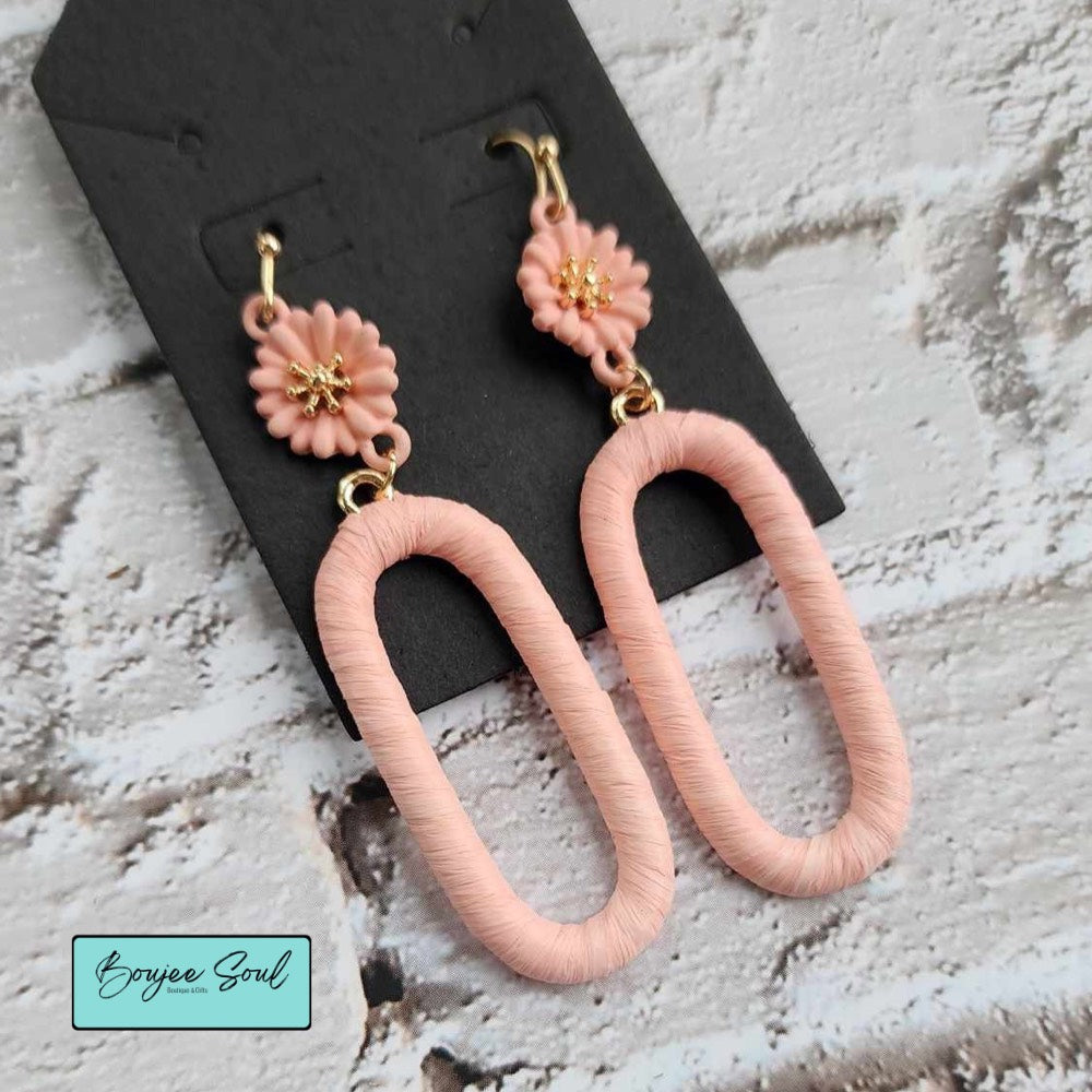 Floral oval cutout threaded drop earrings in pink