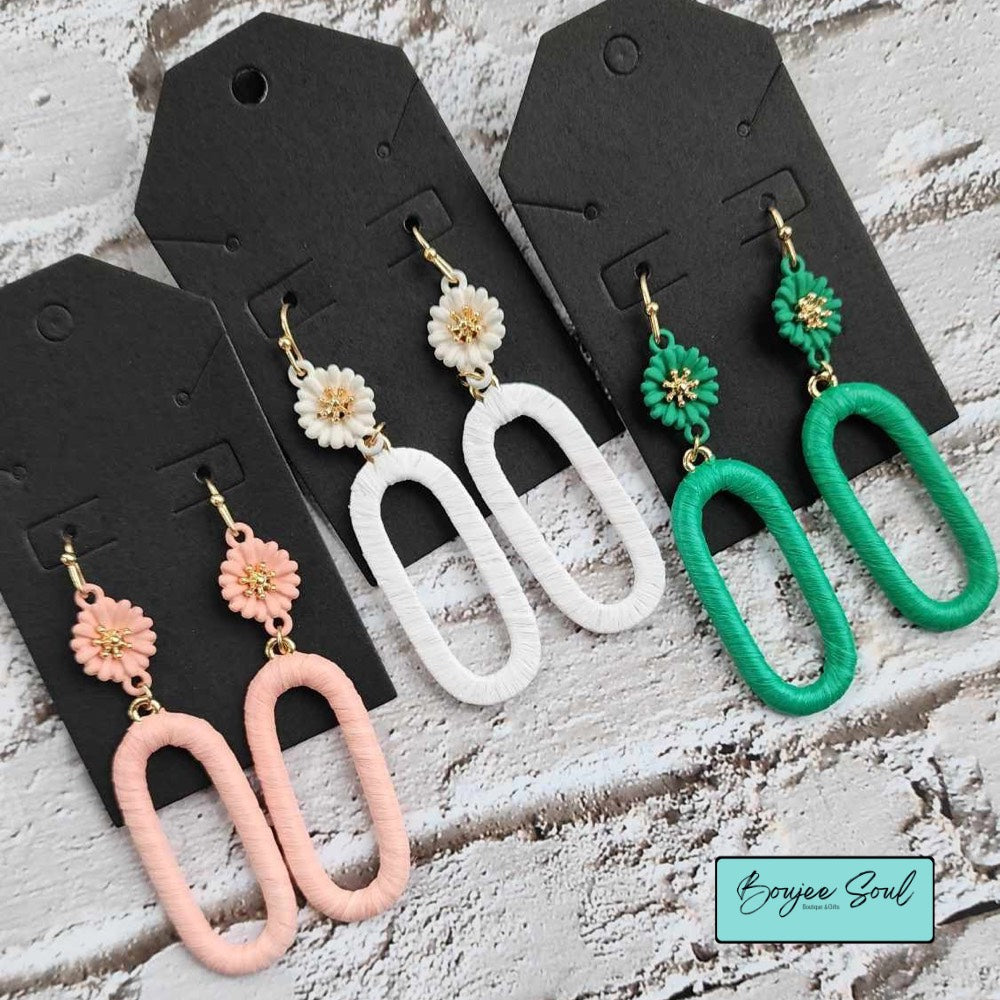 Floral oval cutout threaded drop earrings in pink white and green