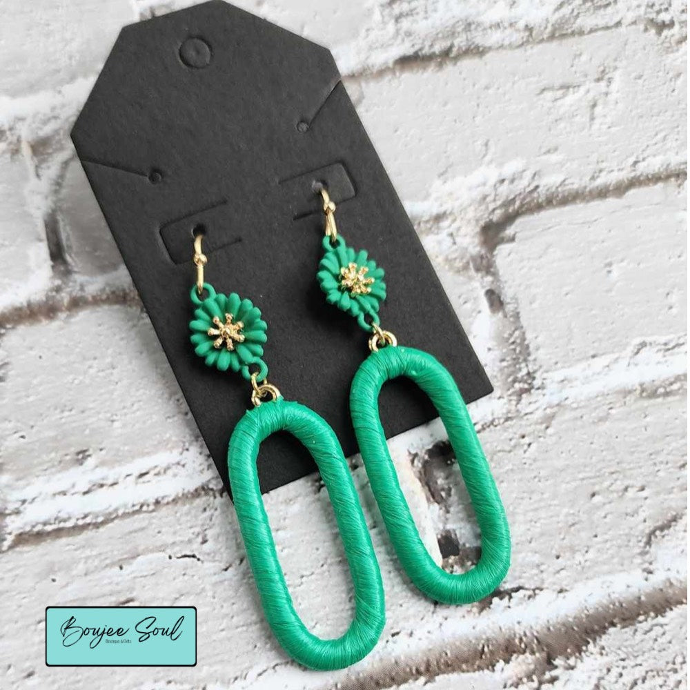 Floral oval cutout threaded drop earrings in green