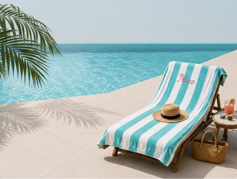 A wooden beach lounge chair by a swimming pool, covered with a turquoise and white striped towel featuring the name 'Nico' embroidered in pink. A straw hat and a small side table with a drink are placed on and beside the chair.