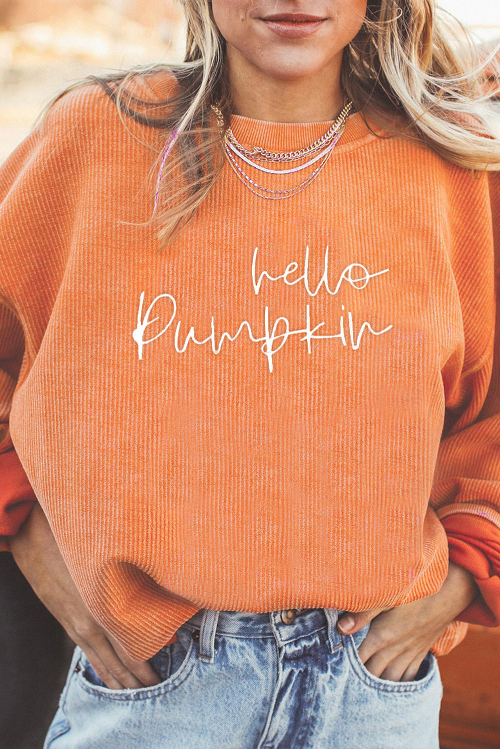 Corded sweatshirt with Hello Pumpkin in white 
