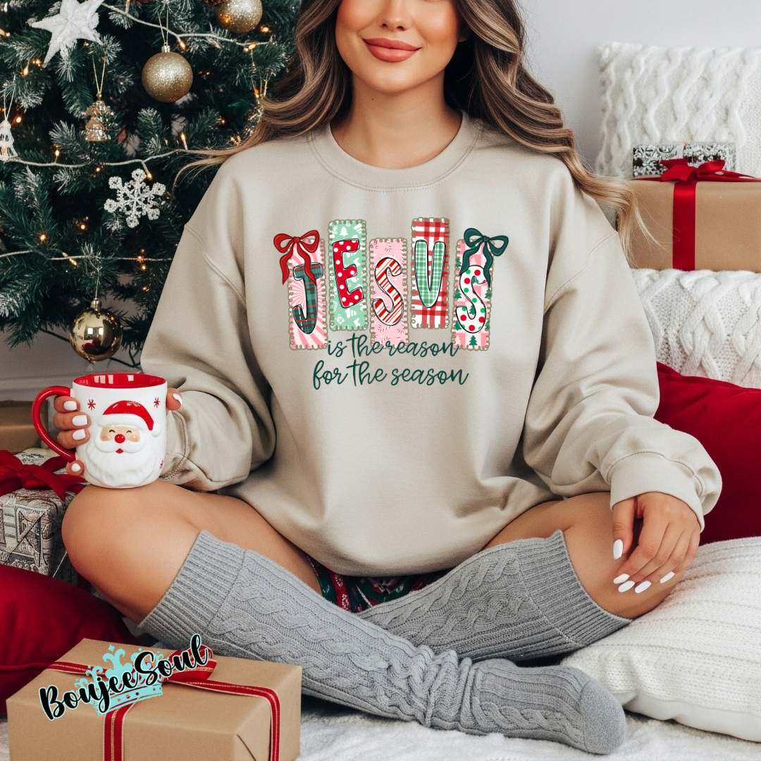 Jesus is the Reason Christmas sweatshirt with patchwork holiday lettering