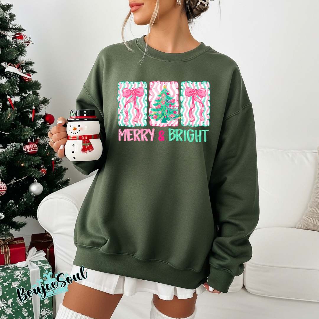 Merry & Bright coquette Christmas sweatshirt with pink and green holiday patchwork boxes.
