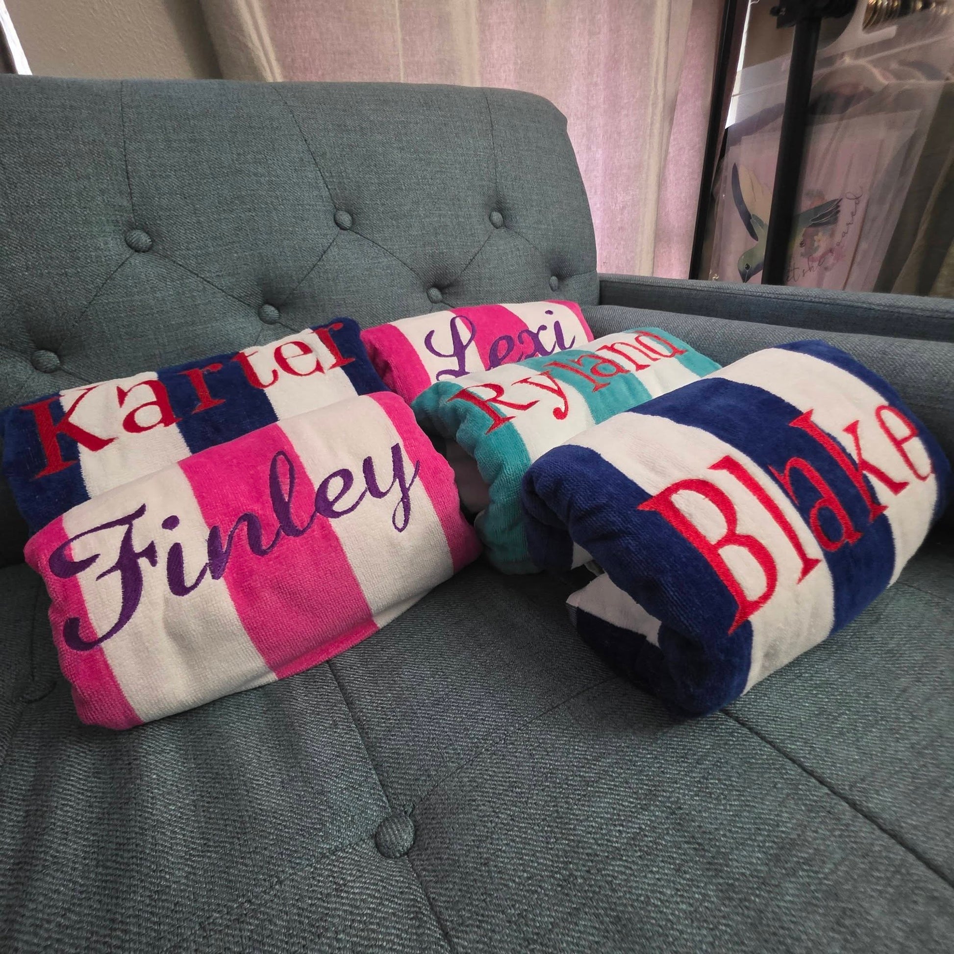 Personalized cabana towels ready for beach or pool day with family