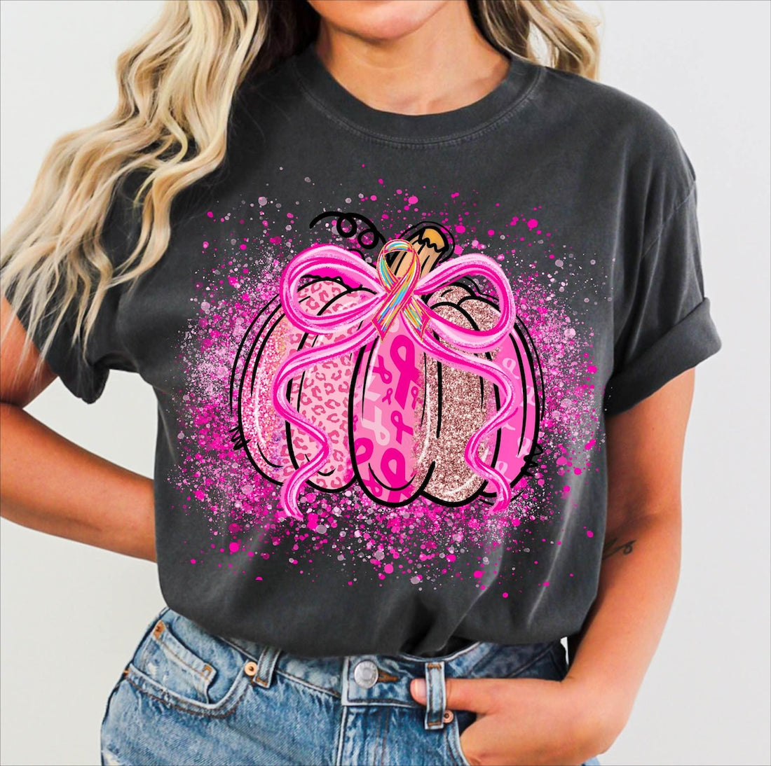 Pink Sparkle Pumpkin Breast Cancer Awareness Black t-shirt