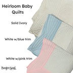 Personalized heirloom baby quilts by Boujee Soul showing custom embroidery color options: solid ivory, white with light blue trim, and white with pink trim scalloped blankets.