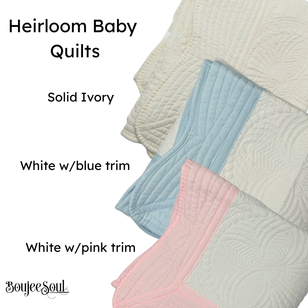 Personalized heirloom baby quilts by Boujee Soul showing custom embroidery color options: solid ivory, white with light blue trim, and white with pink trim scalloped blankets.