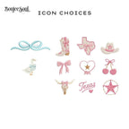 Custom embroidery icon choices chart by Boujee Soul, showcasing western, coquette, and southern nursery motifs including cowboy boots, bows, Texas map, longhorn, and a goose for personalized baby quilts.
