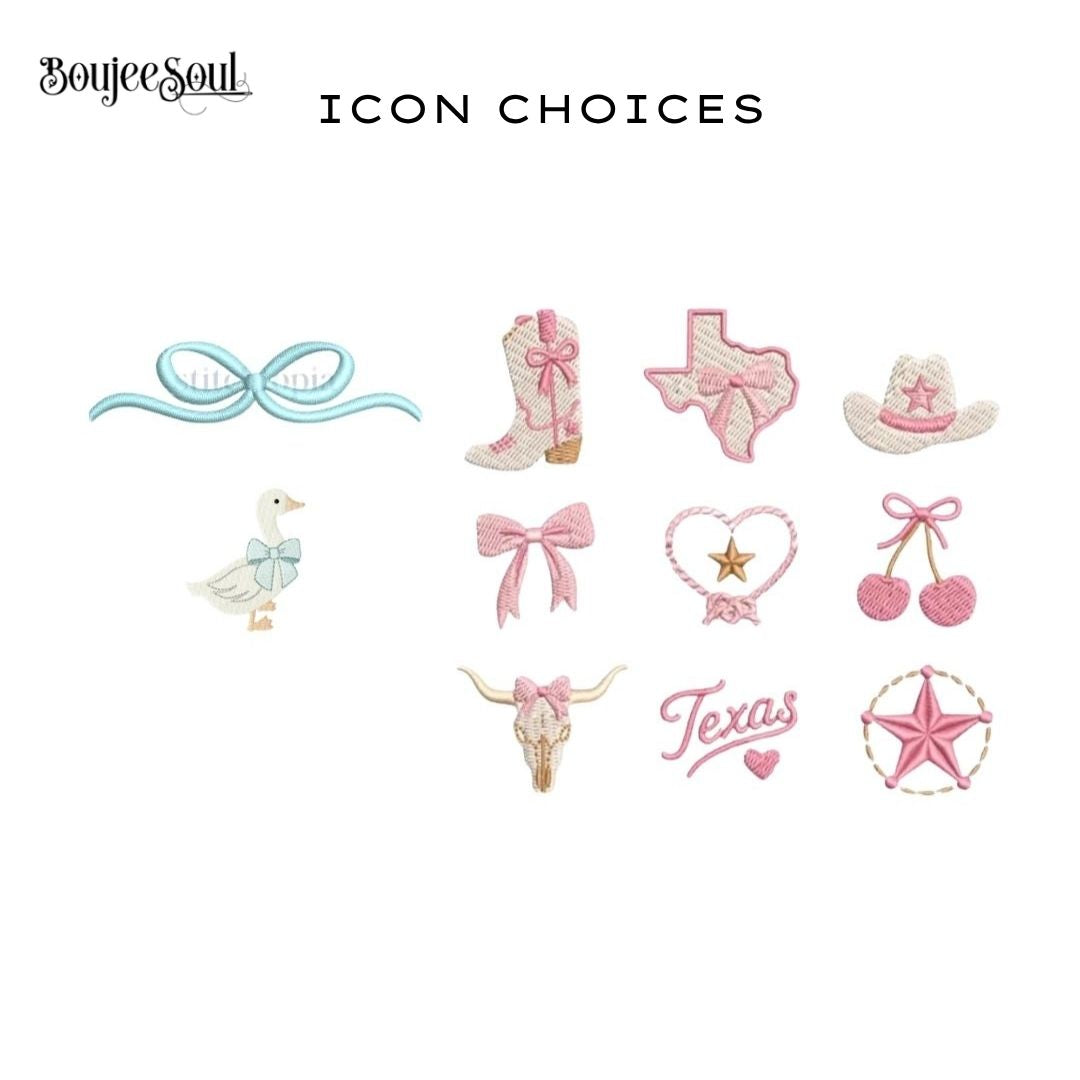 Custom embroidery icon choices chart by Boujee Soul, showcasing western, coquette, and southern nursery motifs including cowboy boots, bows, Texas map, longhorn, and a goose for personalized baby quilts.