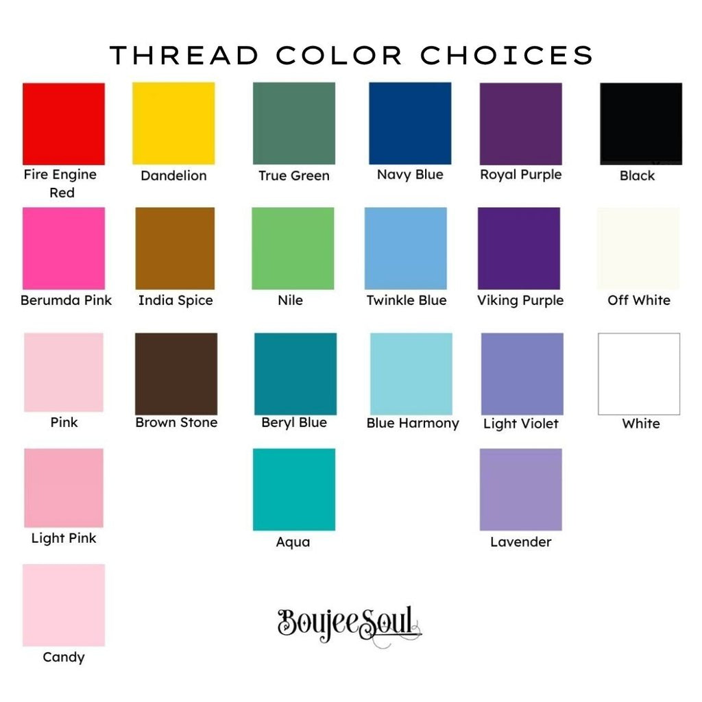 Embroidery thread color choices chart by Boujee Soul, showcasing vibrant color swatches including pastels, neutrals, and bright shades for custom name stitching on personalized baby quilts.