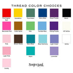 Embroidery thread color choices chart by Boujee Soul, showcasing vibrant color swatches including pastels, neutrals, and bright shades for custom name stitching on personalized baby quilts.