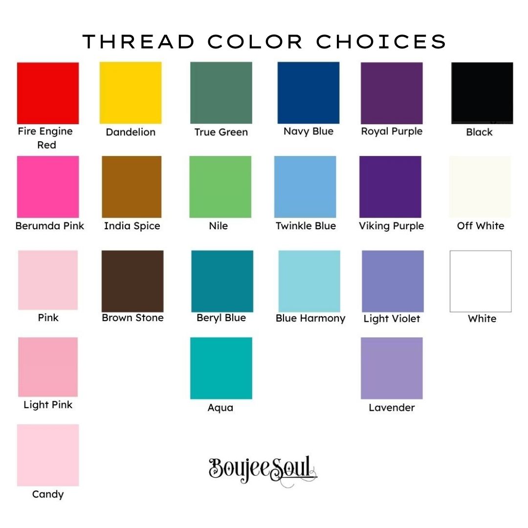 Embroidery thread color choices chart by Boujee Soul, showcasing vibrant color swatches including pastels, neutrals, and bright shades for custom name stitching on personalized baby quilts.