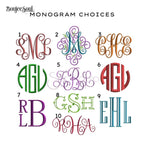 Custom embroidery monogram choices chart by Boujee Soul, showcasing 10 numbered initialization styles including interlocking, circle, block, and stacked formats for personalized heirloom baby blankets.