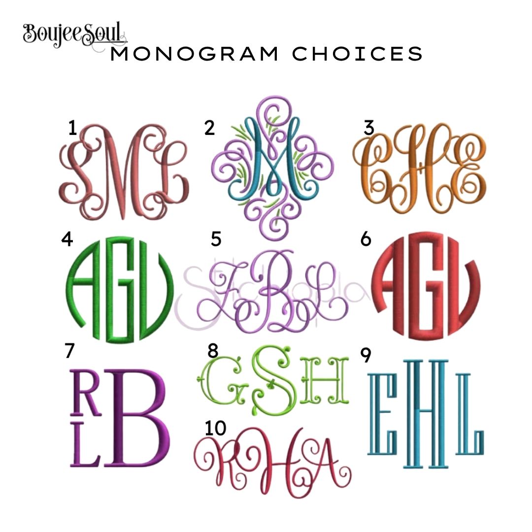 Custom embroidery monogram choices chart by Boujee Soul, showcasing 10 numbered initialization styles including interlocking, circle, block, and stacked formats for personalized heirloom baby blankets.