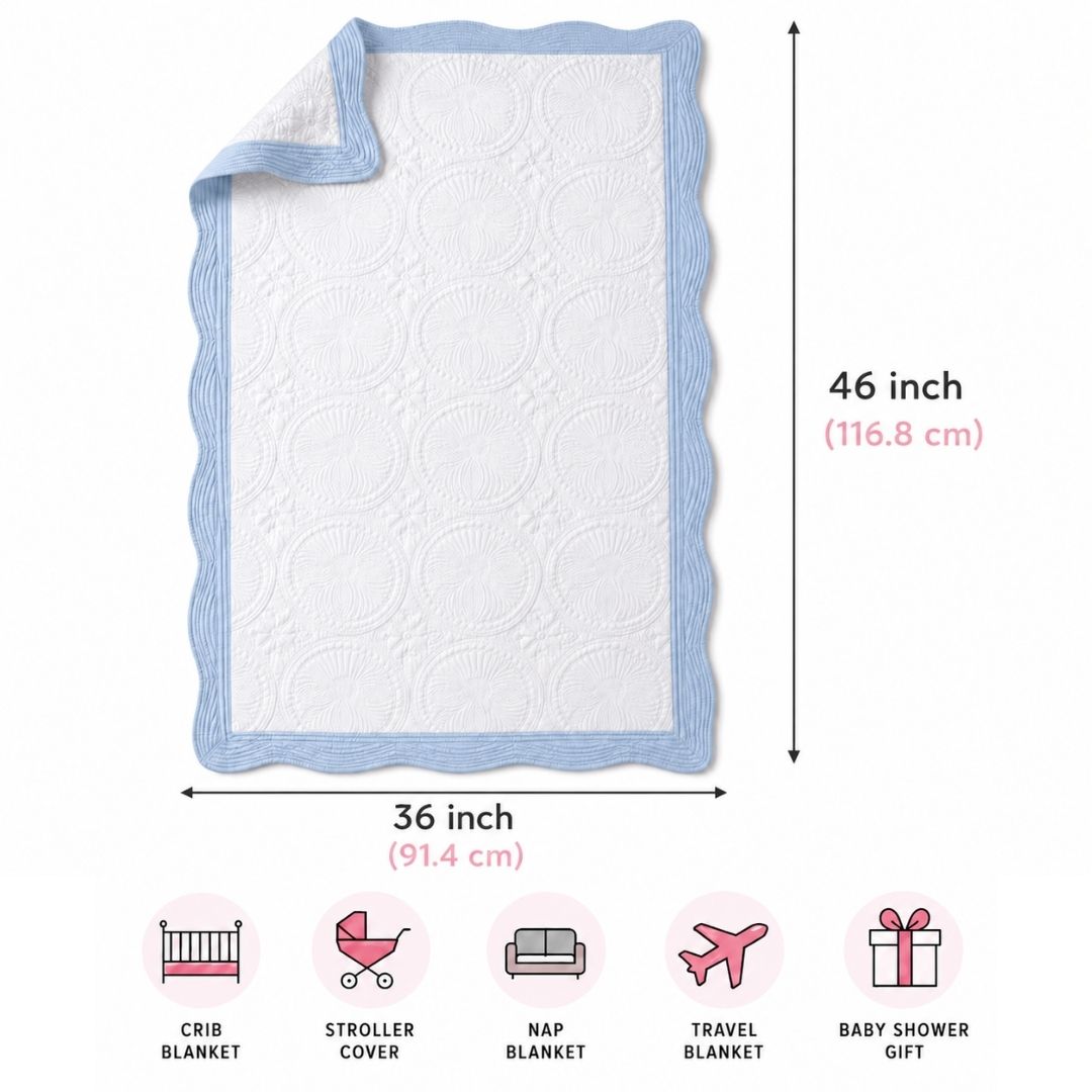 Size chart and dimension diagram for Boujee Soul personalized heirloom baby quilts, showing measurements of 36 inches by 46 inches with multi-use icons for crib blanket, stroller cover, nap blanket, travel blanket, and baby shower gift.