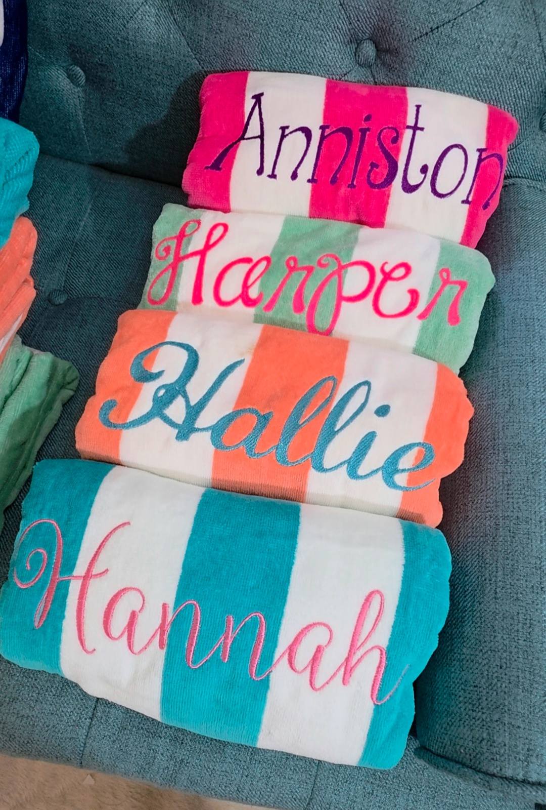Custom embroidered cabana beach towels with names for kids and family pool and beach use